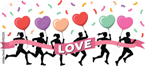 Silhouettes of people running with heart-shaped balloons and a banner that says LOVE vector illustration