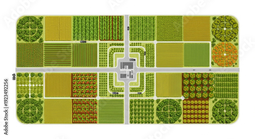 Aerial view of a meticulously planned garden with diverse plant arrangements and pathways.