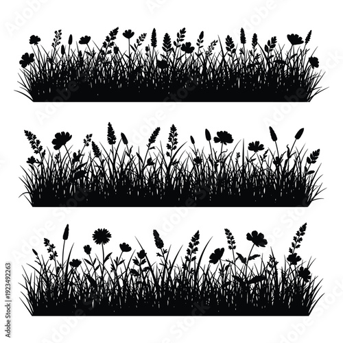 Wildflowers in grassy field minimalist black and white line art vector illustration