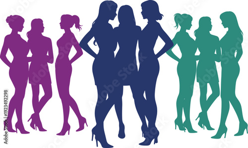 Silhouettes of seven women in different colored gradients on a white background Keywords: women, female, silhouette, figures