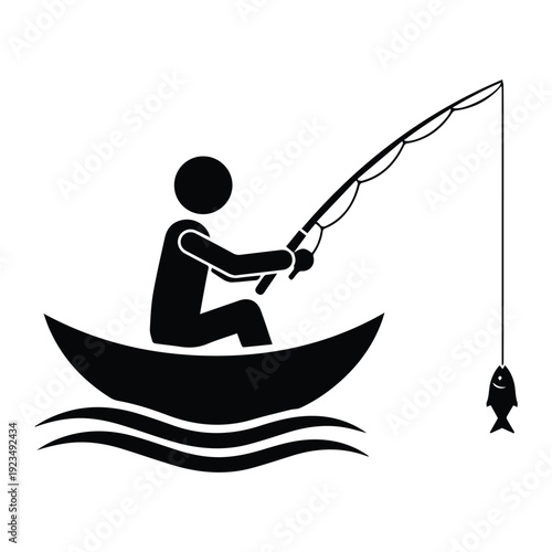 Stickman Fishing Activity icon Silhouette vector black on a white background