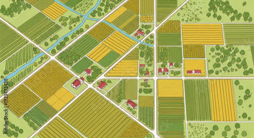 Detailed illustration of a rural landscape with fields and buildings, showing agricultural planning.