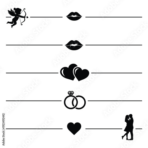 Valentine's Day Symbols with Cupid and Couple Embracing flat design vector illustration