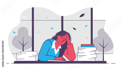 Overwhelmed woman resting her head on a desk, surrounded by tall paper stacks, working in an office during autumn.