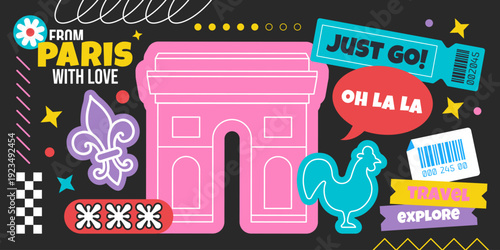 Paris travel stickers collage with Arc de Triomphe, rooster and fleur de lis. Colorful pop art tourism illustration on black background
