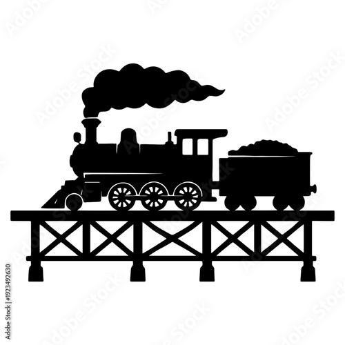 Vintage Steam Train Crossing Railway Bridge Silhouette