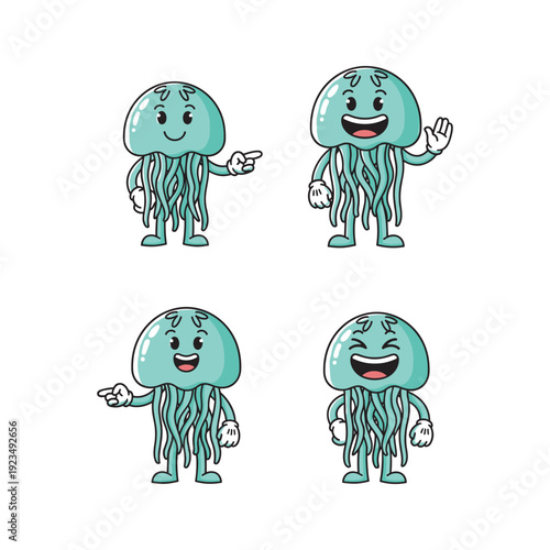 Cartoon jellyfish character set with different gestures and facial expressions