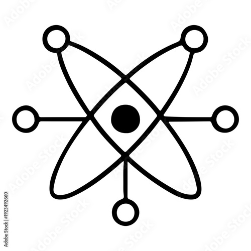 Atom symbol icon on a white background showing electrons orbiting a nucleus