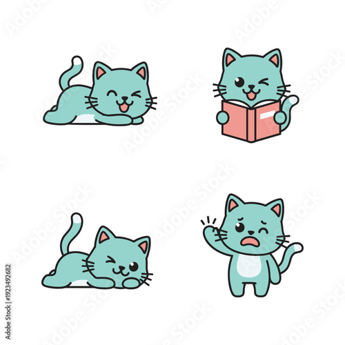 Cute cartoon cat illustrations in various poses on white background