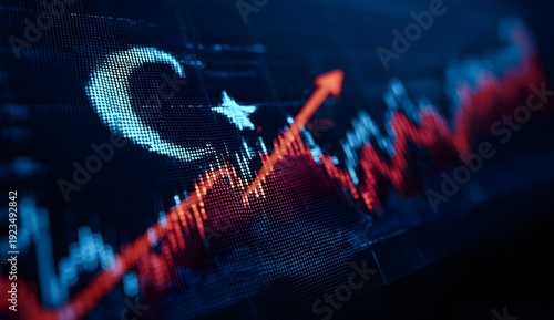 Financial stock market graph overlayed on turkish flag symbolizing economic growth and prosperity of turkey economy analysis and investment in turkish markets