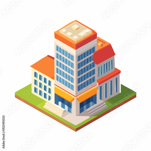 Modern commercial building with multiple stories and glass facade in isometric view