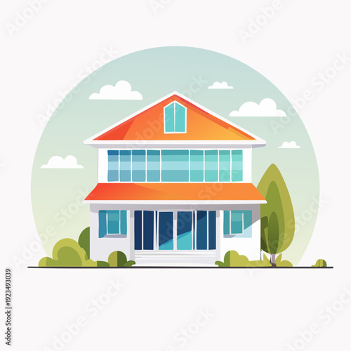 Stylized Modern Family Home Illustration with Bright Orange Roof, Large Glass Windows, and Green Garden Area