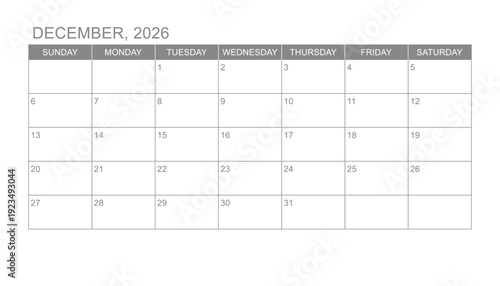 Classic monthly calendar for 2026 on white background with gray color. week starts on sunday. simple december 2026 calendar template. new monthly planner design