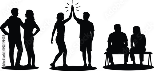 Silhouettes of People High Fiving and Sitting Together group woman