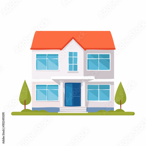 Contemporary Two-Story House with Bright Red Roof and Manicured Green Lawn, Ideal Family Residence