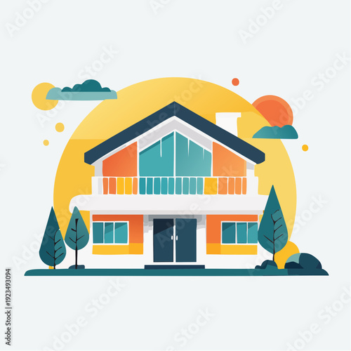Stylized modern house illustration in flat design, depicting cozy residential architecture and inviting family home life