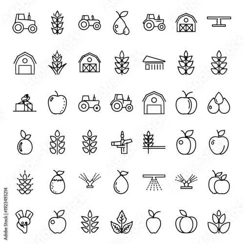 Farmhouse tractor wheat barn apple pear water drop irrigation icons set clean outline graphic symbols