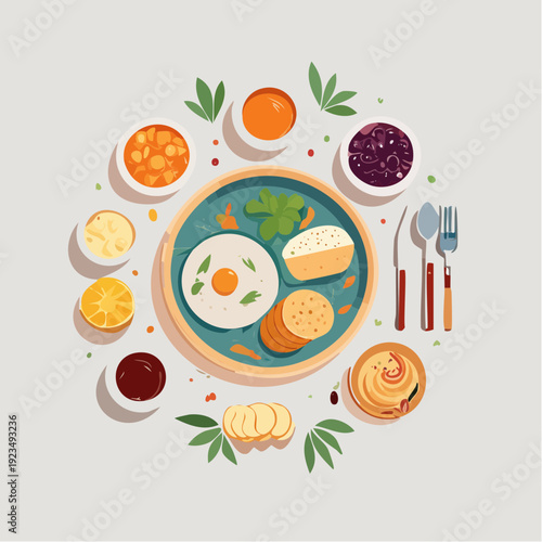 Morning meal A beautifully arranged breakfast with a fried egg, baked goods, and colorful dips