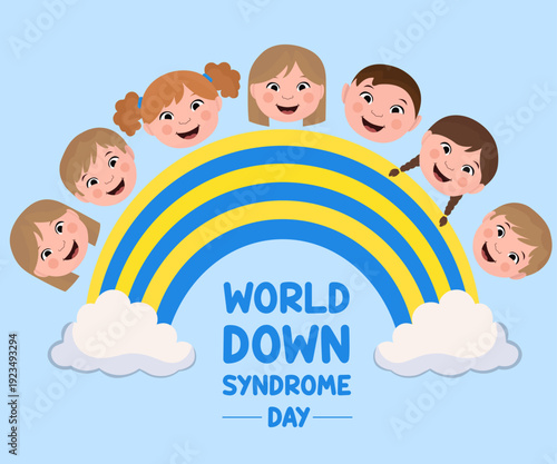 World down syndrome day greeting card yellow and blue rainbow happy kid faces 21st march