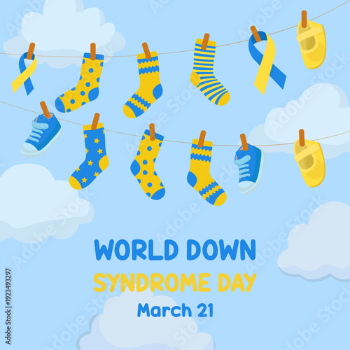 World down syndrome day 21st march yellow and blue socks hanging blue sky and clouds in background