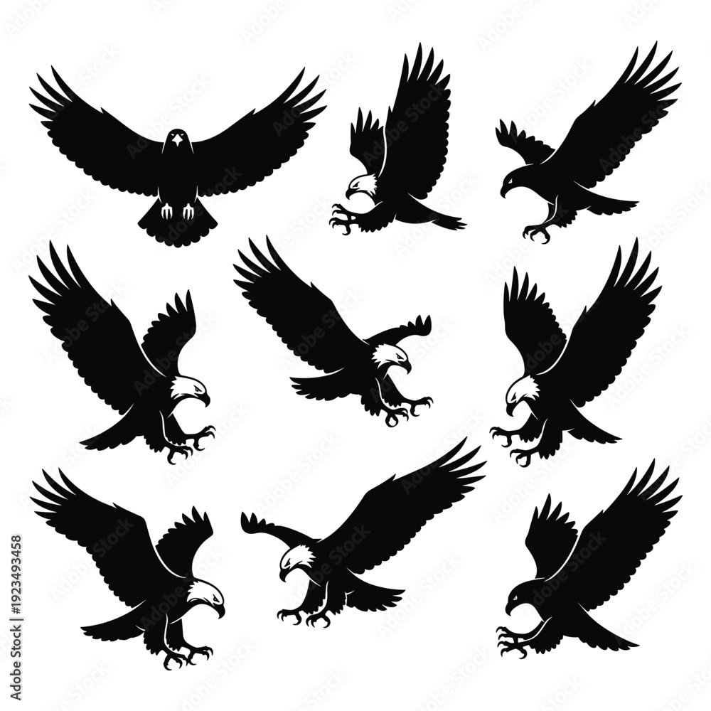 Fototapeta premium Collection of flying eagles in various poses vector illustration