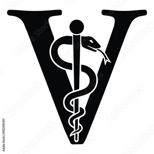 Veterinary symbol with a snake coiled around a staff and a v shape icon Silhouette vector black on a white background