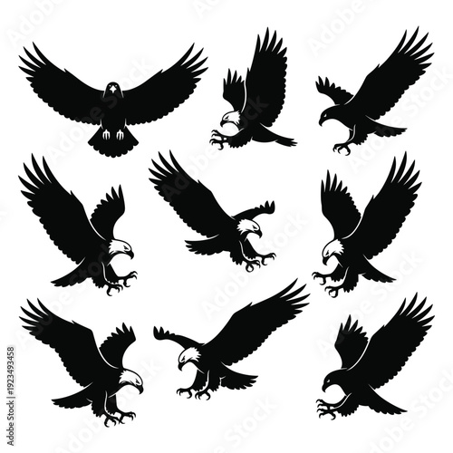 Collection of flying eagles in various poses vector illustration