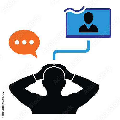 Frustrated man wearing headphones thinking about online communication and support icon