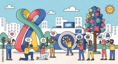 People taking photos with a giant camera in a colorful city park with a tree of life and infinity loop sculpture