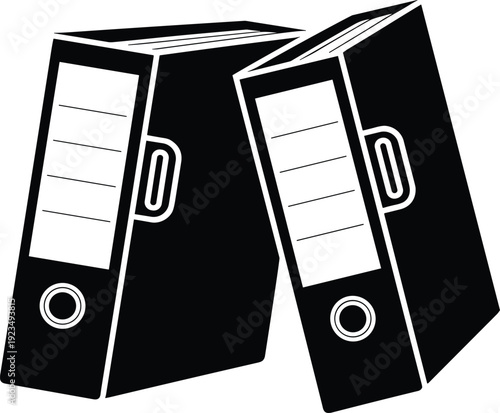 Two black ring binders with white labels and handles on a white background Keywords: ring binder, file folder, office supplies