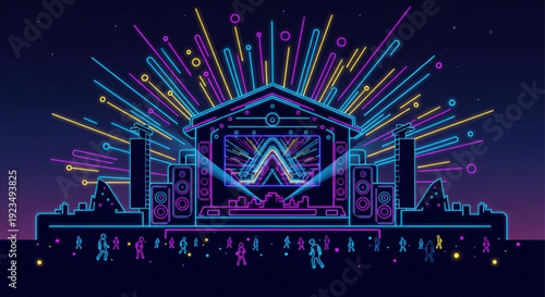 Vibrant neon lit festival stage with colorful lights and crowd at night music event or concert with abstract design and radiant beams