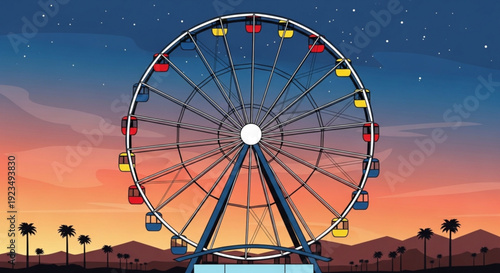 Vibrant ferris wheel at dusk with palm trees and mountains in the background under a starry evening sky