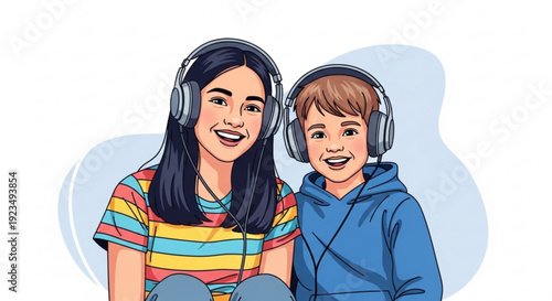 Smiling woman and boy wearing headphones together listening to music or podcast happy family moment casual outfit colorful background