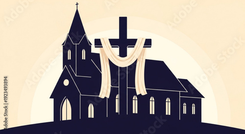 Dark blue church building with cross and beige drapes on a beige background