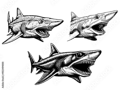Goblin shark protruding jaws engraving illustration deep sea tattoo