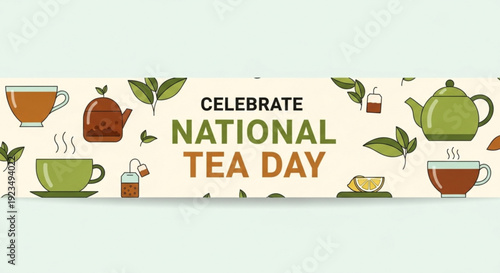 Celebrate national tea day with various tea cups and teapots illustration