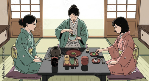 Three women in traditional japanese kimonos sitting around a low table with tea and snacks in a serene tatami room with shoji screens