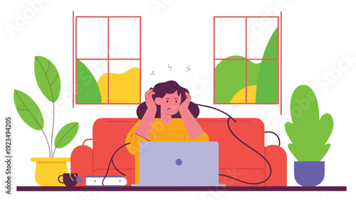 Frustrated woman with hands on her head, looking at a laptop surrounded by tangled cables in her living room.