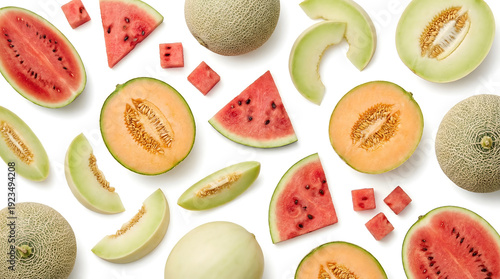 Assortment of whole and sliced watermelons, cantaloupes, and honeydew melons on a white background, top view