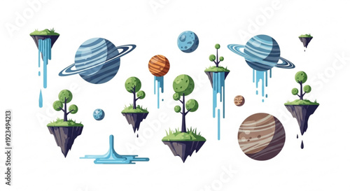 Floating planets and trees in space with melting effects surreal landscape
