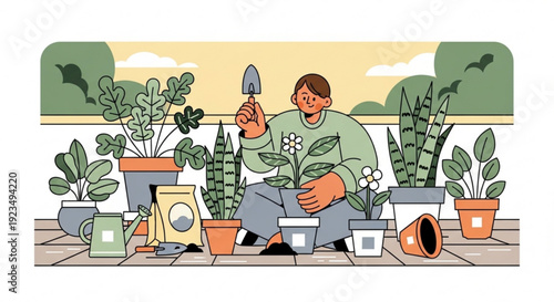 Man gardening on balcony with potted plants and flowers enjoying leisure activity