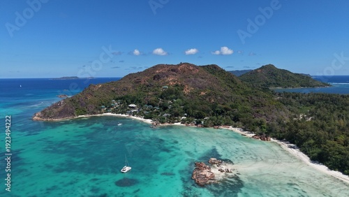 Aerial view of Côte d’Or Beach (Anse Volbert) on Praslin Island, Seychelles