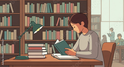 Young woman studying intently in a library with books and a desk lamp surrounded by tall bookshelves and other students in the background