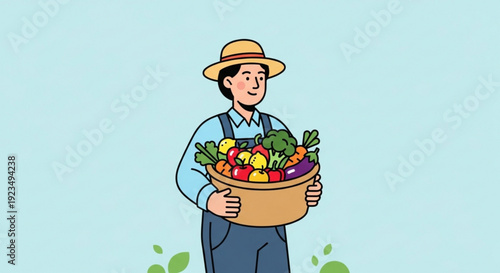 Farmer holding a basket of fresh colorful vegetables and fruits outdoors