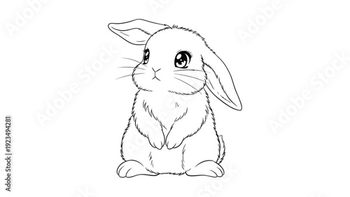 Adorable bunny rabbit with large eyes and long ears, sitting and looking forward, outline art