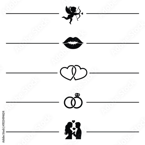 Love Symbols Set with Cupid and Couple Silhouette Flat Design Vector Illustration