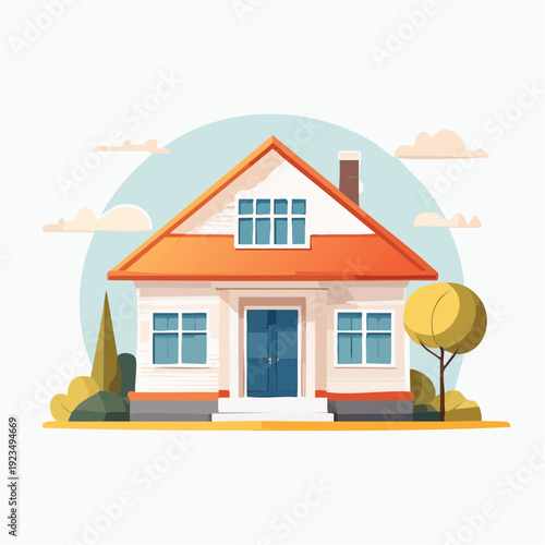 Modern stylized family house illustration with a bright orange roof and cozy design, representing ideal home concepts