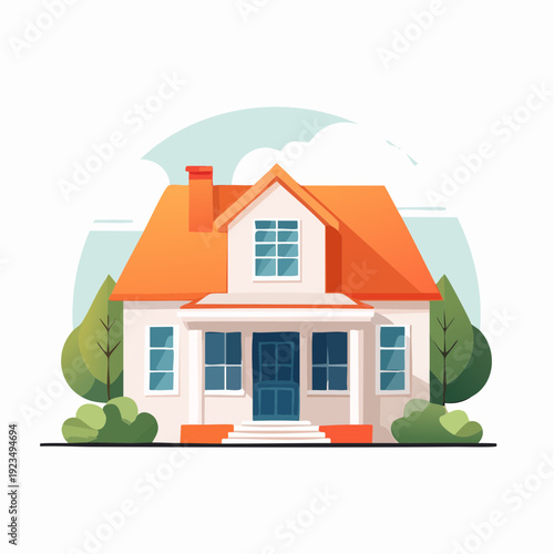 Charming suburban house with a vibrant orange roof and lush green landscaping