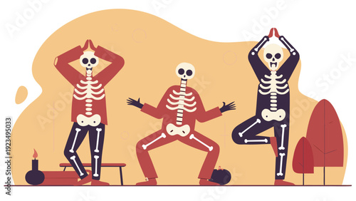 Three funny skeletons practicing various yoga poses, including tree pose, in an outdoor park during autumn.