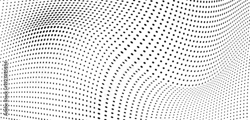 Flowing halftone dot background with spherical perspective effect.